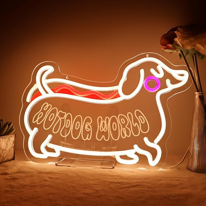 Hot dog World Neon Sign, LED Dog Neon Light | Funny Dachshund Design, Hanging Sign, Kids Room Bedroom Kitchen Cafe Restaurant Wall Decor