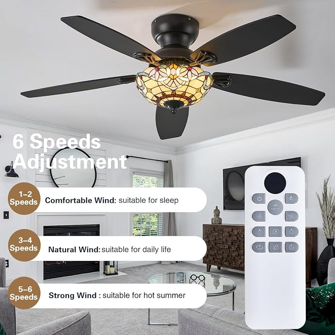 Tiffany Ceiling Fans with Lights-48"Ceiling Fan Chandelier and Glass Shade | 48" Ceiling Fan Chandelier with 5 Dual-Blades and Glass Shade, 6 Speeds and Reversible, Indoor and Outdoor, Retro Style