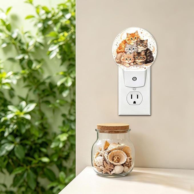 Nightlight Cute Cats Night Lights Plug Into Wall Auto Sensor | Watercolor Cartoon Kitten Night Light Auto Led Sleep Round Lamp for Living Room Hallway Stairs