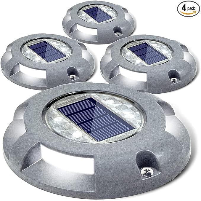 SIEDiNLAR Solar Deck Lights Driveway Dock LED Light Solar Powered Outdoor Waterproof Road Markers for Step Sidewalk Stair Garden Ground Pathway Yard 4 Pack (White)