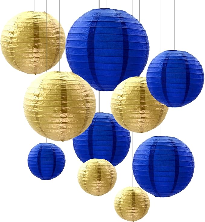 ZOOYOO 10Pcs Paper Lanterns,Blue Gold Round Hanging Tissue Paper Lanterns Decorations for Kids Birthday,Graduation,Ramadan,Eid Party Garden Home Decor