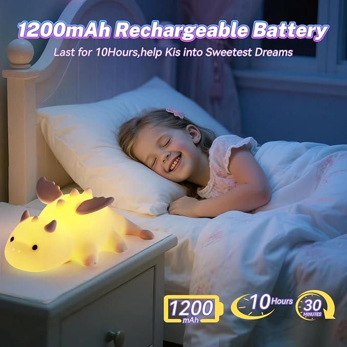 AVEKI Cream Dragon Night Light, Cute Baby Dragon Lamp Gifts for Kids, 10 Modes Adjustable Soft Silicone Baby Night Light for Nursery, Rechargeable Bedside Touch Lamp for Kids Room Bedroom