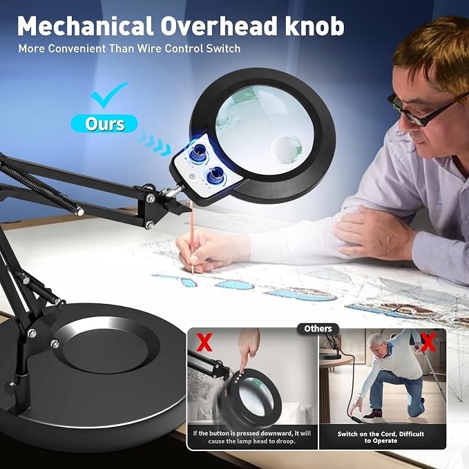 KIRKAS 12X 30X Magnifying Glass with Light and Stand, Overhead Knob 2 in 1 | Lighted Magnifier Lamp for Workbench, Craft, Sewing, Repair, Real Glass Lens Stepless Dimming and Color (9.06IN Base & Clamp)