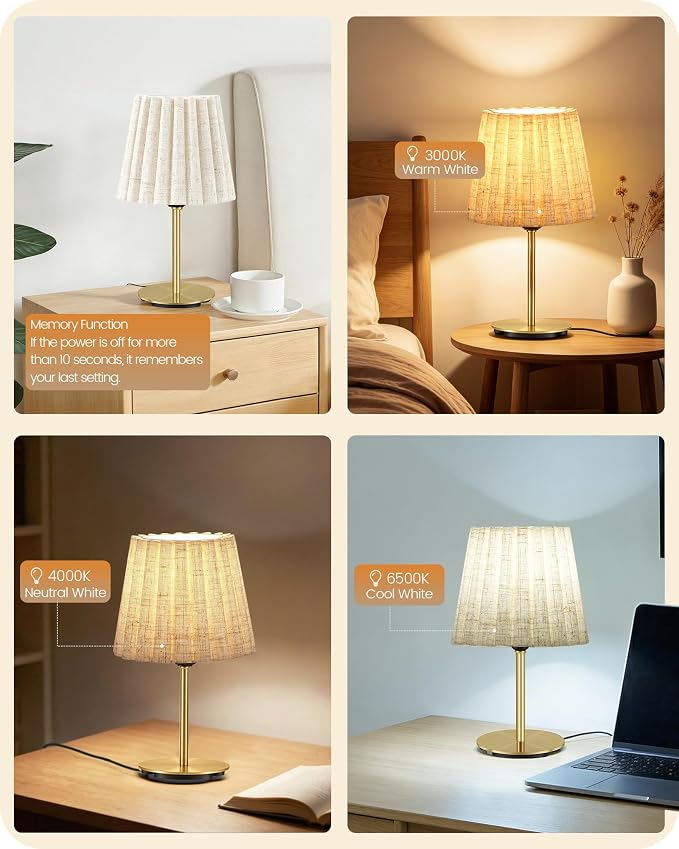 Small Bedside Table Lamps Set of 2, Dimmable Table Lamps with 3 Adjustable Color Temperatures, Nightstand Lamps with 2 Bulbs, E26 Base, for Bedroom, Study, Desk, Beige and Gold DE15TLP205