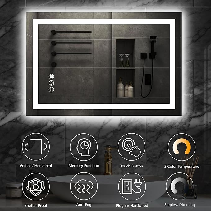 28"x 36" LED Bathroom Mirror with Lights, Backlit & Front Lit, Stepless Dimmable, Anti-Fog, 3 Colors Led Mirror, Memory Function, Led Vanity Mirror for Wall, Tempered Glass, ETL Listed