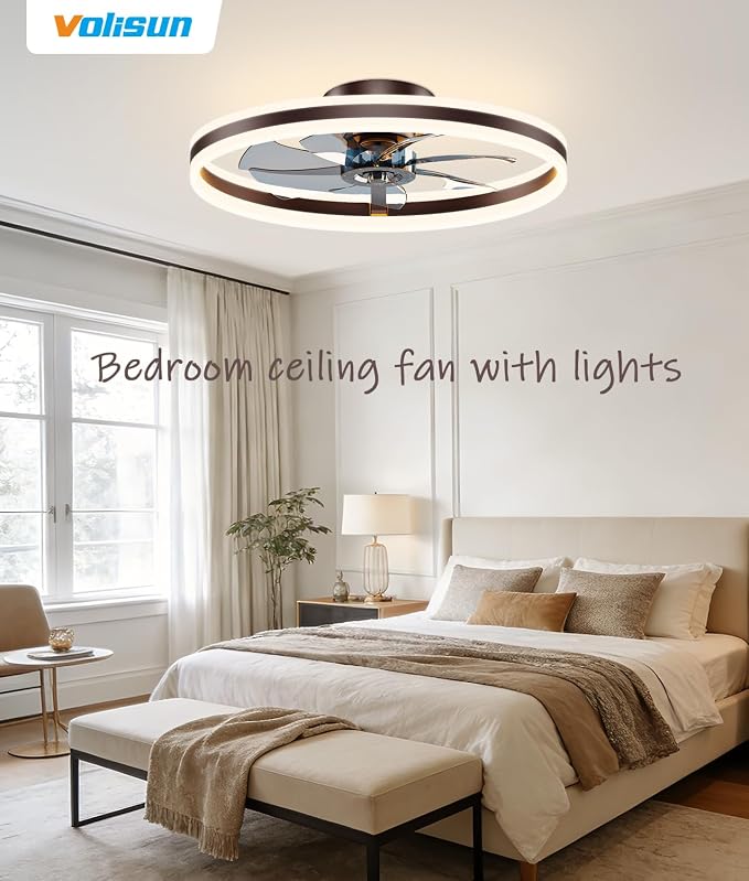 VOLISUN Low Profile Ceiling Fans with Lights and Remote, 24in Flush Mount Ceiling Fans with Light, 3000K-6500K Dimmable Fandelier LED Fan Light, Brown Bladeless Ceiling Fans with Lights for Bedroom