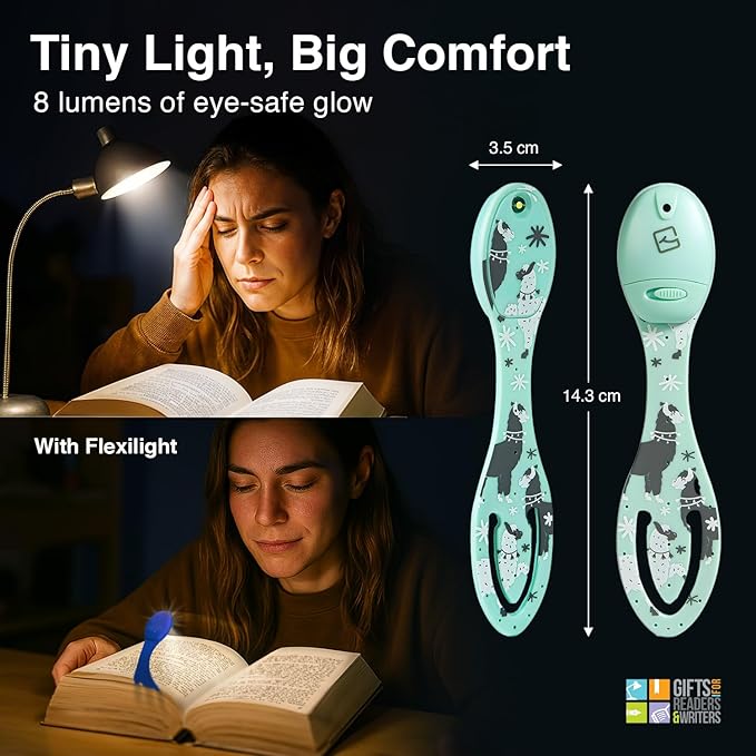 Gifts for Readers & Writers Book Light, Clip On Reading Light for Bed, 2in1 Flexilight & Bookmark, Small & Lightweight with a Soft Glow, 2 Batteries Included, Llama