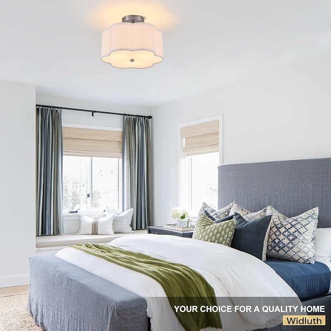 12.9" Chrome Semi Flush Mount Ceiling Light, Linen 3-Light Fixture | White Linen Petal Shade, Modern Chrome Style For Bedroom, Hallway Kitchen, Basement, Bedroom,Laundry; Close-To-Ceiling, E26