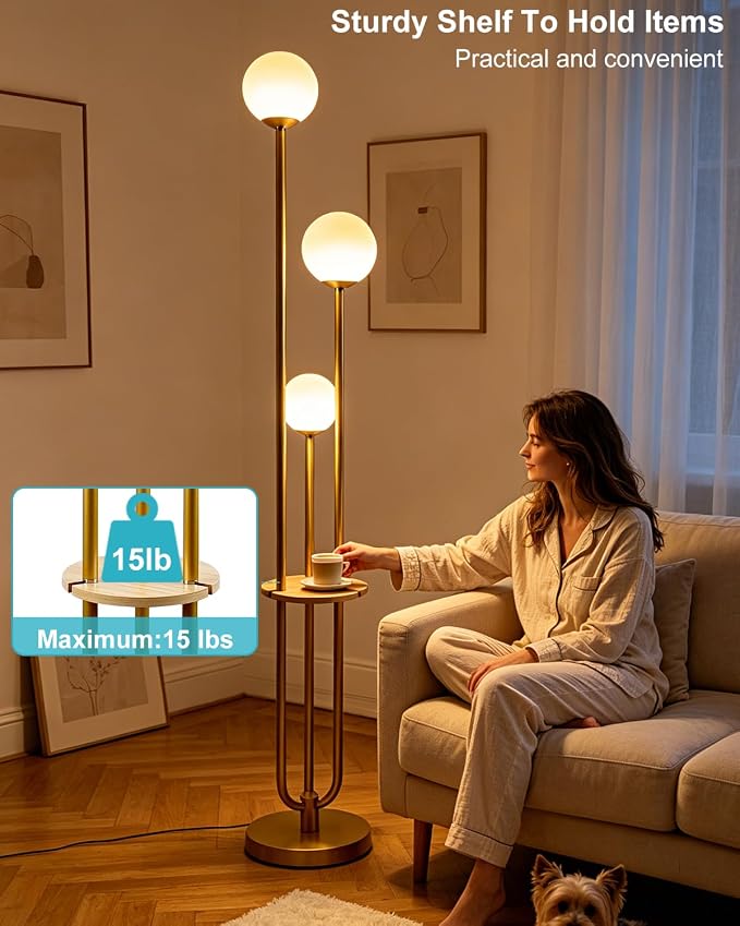 63IN Dimmable Floor Lamp with Shelf, Unique Globe Gold Tall Standing Lamps, 3000K Warmwhite Mid Century Modern Floor Lamp with 5Lbs Heavy Base for Living Room Home Office(Bulbs Included)