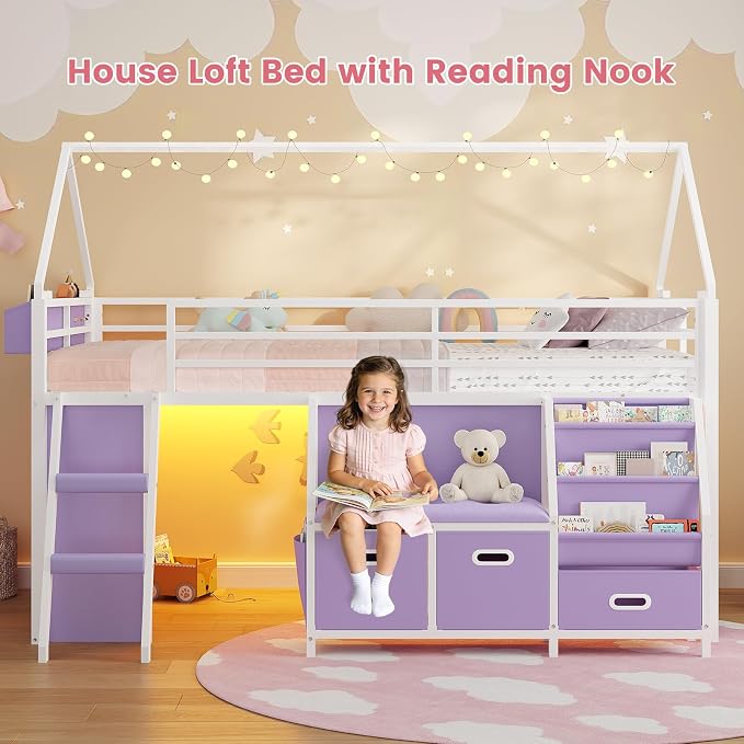 ADORNEVE Low Loft Bed Twin Size with Bookshelf, Reading Nook & 3 Drawers | Purple Kids Loft Bed, LED Light, Storage Drawers, Under-Bed Play Space,Safety Guardrail, Inclined Ladde, Play Curtain