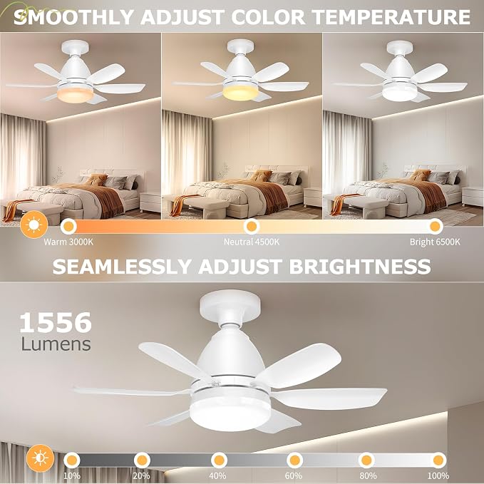 Socket Fan Light with Remote, 20'' 30W Dimmable LED 3 Colors 3000K-6500K, 6 Speed Wind Small Ceiling Fan with Light, Screw in Light Bulb Fan for Bedroom, Kitchen, Living Room, Closet