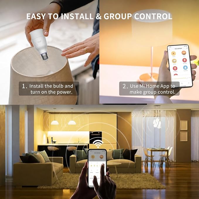 YEELIGHT Smart Light Bulbs, Warm White Dimmable LED Light Bulb 60W Equivalent, 900LM, E26, 2700K, Timing Function, WiFi & Bluetooth LED Bulbs, APP Control Work with Alexa and Google Assistant, 4 Pack