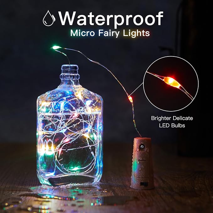 Brightown 10 Pack Wine Bottle Lights with Cork, Multicolor | 20 LED on 7ft Silver Wire, Waterproof, Battery Operated, Great for Liquor Bottles DIY Party Christmas Wedding Décor