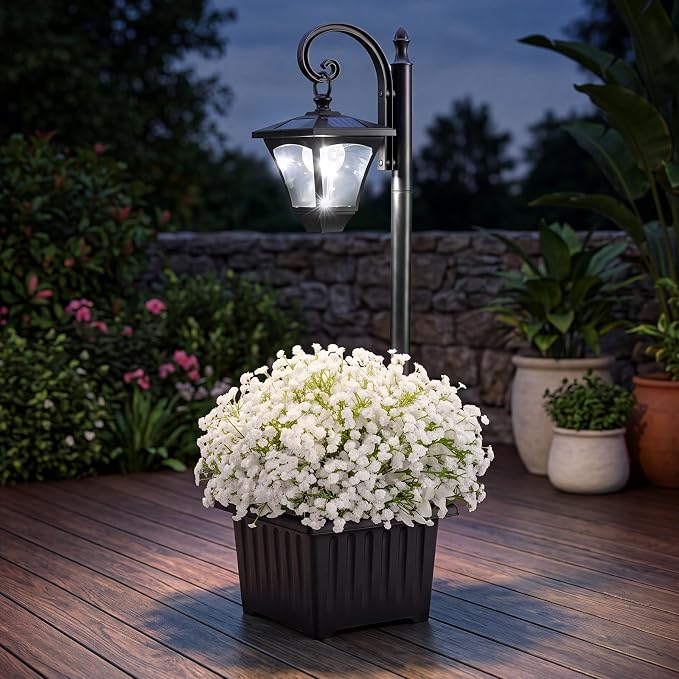 Solar Lamp Post Light with Planter, 2 in 1 Decorative Outdoor Solar Light | Dusk to Dawn, Cool White LED Light, IP44 Waterproof, 4 Solar Panels, Energy Saving, No Wiring Required, Porch, Patio, Garden.