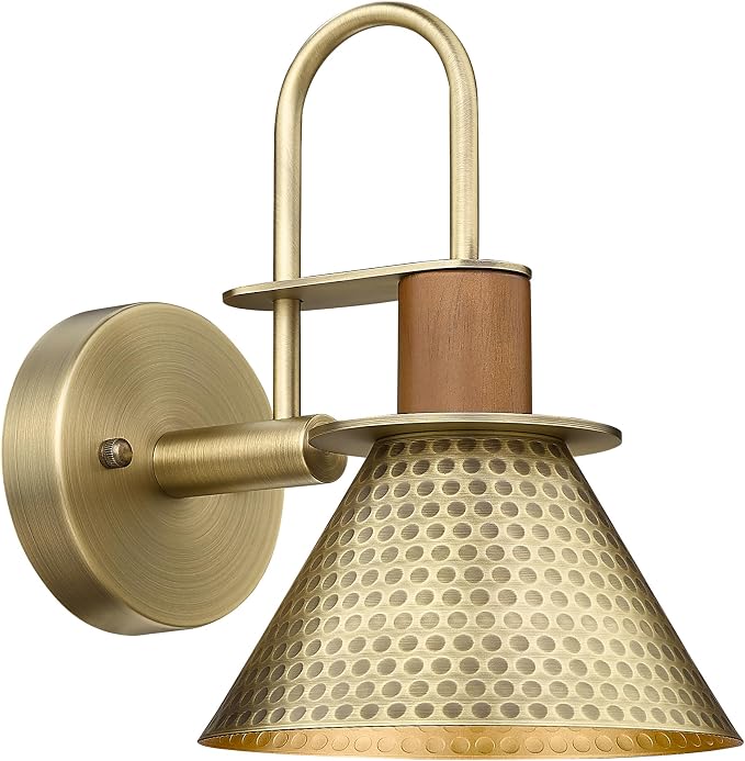 Antique Brass Wall Sconce, HWH Hammered Barn Wall Light Fixtures, 1-Light Single Sconce Vanity Light, Farmhouse Wall Lamp for Bedroom Bedside Kitchen Hallway, Hammered Metal Shade, 5HZG74B-L BG