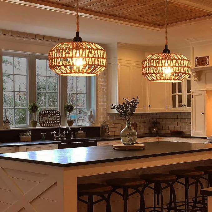 2 Pack Plug in Pendant Light Rattan Hanging Lamp with Switch,Mini Rattan Boho Semi Flush Mount Ceiling Light,Hand Woven Hallway Light Fixtures for Bedroom Entryway