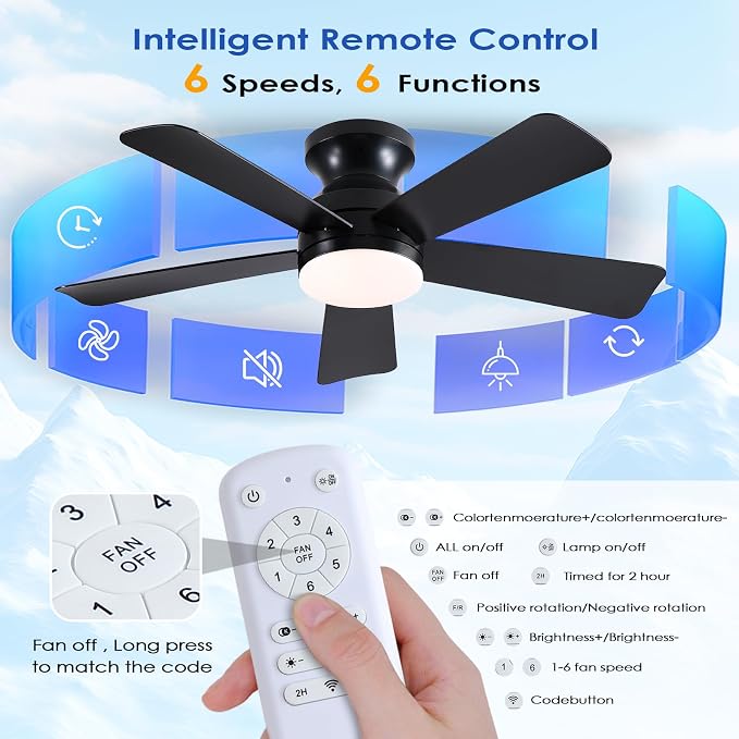 41 inch Ceiling Fans with Lights, Black Flush Mount Ceiling Fan with Remote, 3CCT, LED Dimmable, Reversible, 6 Fan Speeds, Quite Low Profile Ceiling Fan with Lights Modern Bedroom Kitchen Indoor