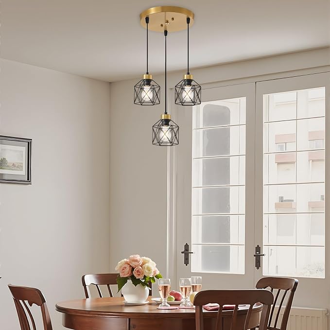 Black and Gold 3-Light Pendant Light Fixture, Farmhouse Hanging Pendant Lighting, Dining Room Chandelier, Industrial Hanging Light Fixture, Metal Cage Pendant Ceiling Lamp for Kitchen