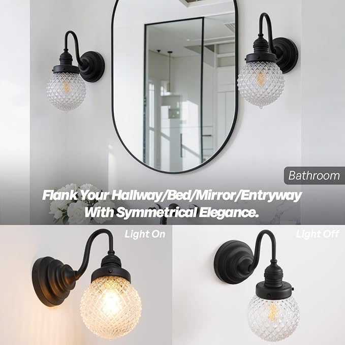 Black Wall Sconce Farmhouse Bathroom Vanity Light,Clear Glass | Vintage,Hardwired Indoor,Hand-Blown Thick Glass,for Bathroom Mirror Kitchen Hallway,UL-Listed E26 Socket