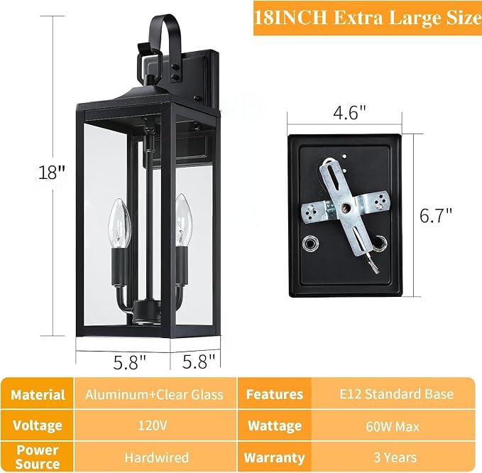 18'' Large Outdoor Wall Lights 2 Packs, Porch Light E12 2-Light, Black | Waterproof Exterior Lighting Fixtures, Outdoor Lanterns for Porch, Modern Wall Sconces, Outside Lights for House Garage