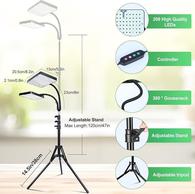 2026 2Head Grow Light with Stand, 50 Watt Power Draw, Big Coverage and Bright Enough for Indoor Large and Tall Plants, Bonsai Tree, 40"-64" Height Adjustable