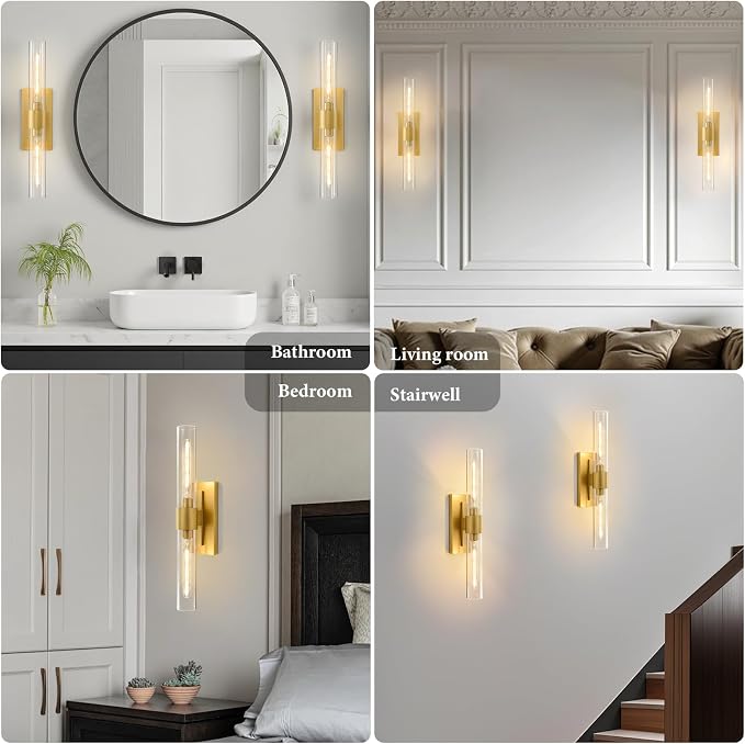 Champagne Brass Bathroom Wall Sconce: Modern Gold Indoor Dimmable Lighting | Clear Glass Tube Light Fixtures, Vertical or Horizontal Mounted Vanity Sconces for Living Room Bedroom Hallway