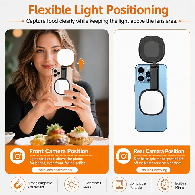 Magnetic Selfie Light Compatible with MagSafe, Foldable LED Phone Light with Mirror, 72 LEDs Stepless Brightness & Color Temperature, 360° Rotating Fill Light for Selfies, Makeup, TikTok, Zoom