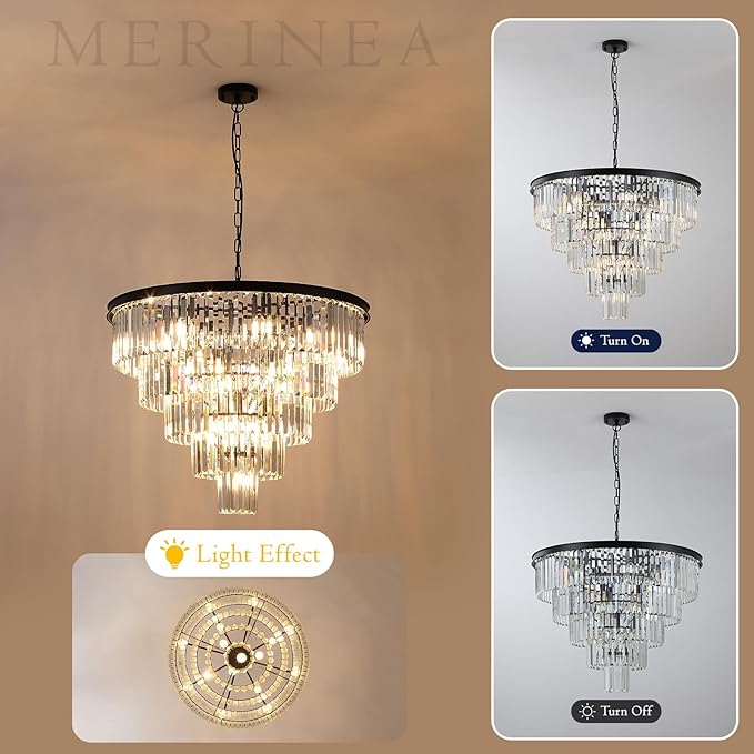 30" Black Crystal Chandelier Large Round Chandeliers Modern 16 Lights 5-Tier Luxury K9 Crystal Ceiling Pendant Lighting Fixture for Foyer Staircase Living Room Dining Room