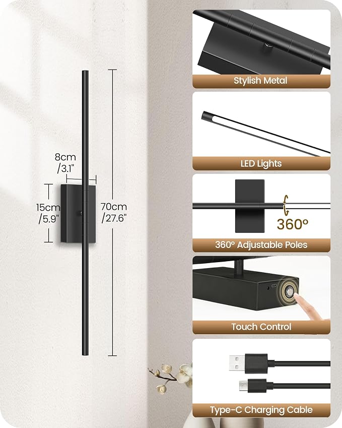 27.6" Wireless Wall Sconces Battery Operated Set of 2, Rechargeable Lamps with Remote, 360° Rotation, 10000mAh, Touch Dimmable Lights for Bedroom, Living Room, Hallway, Black B06YBP205