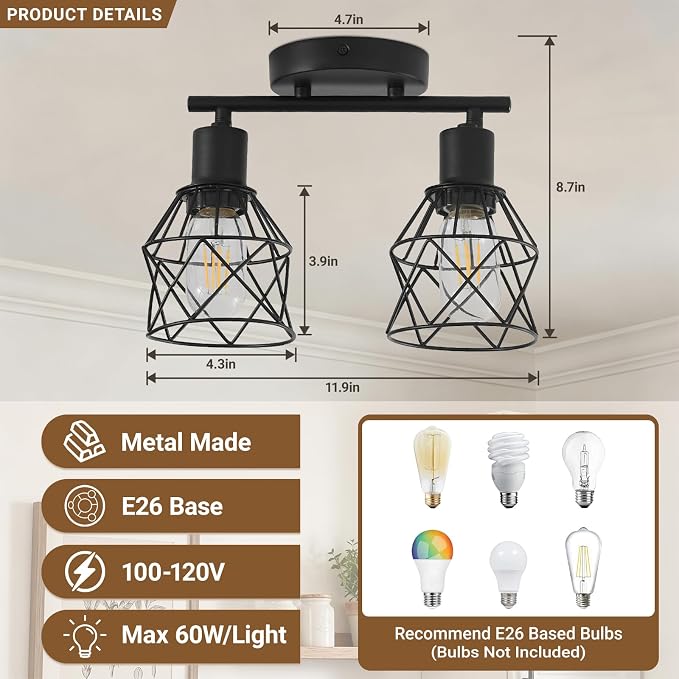LOUSACE 2-Lights Kitchen Light Fixtures Ceiling Mount, Adjustable Flush Mount Ceiling Light with Metal Cage, Farmhouse Track Spotlight Ceiling Fixtures for Dining Room Entryway Living Room
