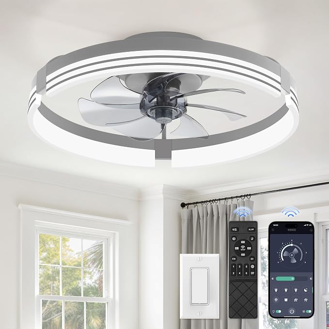 ZMISHIBO Low Profile Ceiling Fans with Lights and Remote, 20" Grey | 3000K-6000K Dimmable Fandelier LED, Flush Mount, 6 Wind Speeds, Reversible, Timer, Bedroom, Living Room, Kitchen, Kids Room