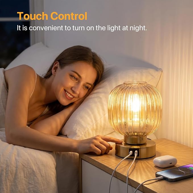 Elenhome Touch Table Lamp Set of 2, 3-Way Dimmable with Glass Shade, USB-C+A Charging Ports, Mid-Century Modern Small Bedside Lamps for Nightstand, Bedroom, and Living Room, LED Bulb Included (Amber)
