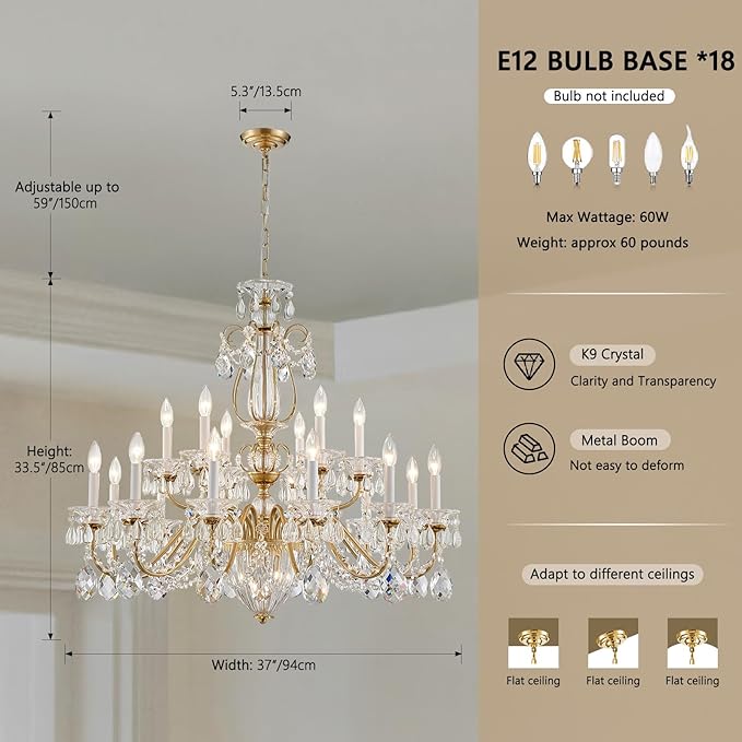 Vintage Crystal Chandelier 18-Lights Large Crystal Chandeliers for High Ceilings Brass Maria Theresa Chandelier Light Fixture for Living Room Hallway Hotel Banquet Hall Lobby Entrance Foyer Dia 37"