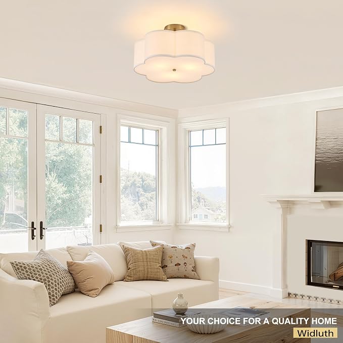 18" Modern Gold Drum Ceiling Light, 3-Light Semi-Flush Mount | Linen Drum Shade, Gold Metal Frame, Modern Style for Laundry Rooms, Kitchens, Basements, Dining Rooms, and Bedrooms, E26 Base