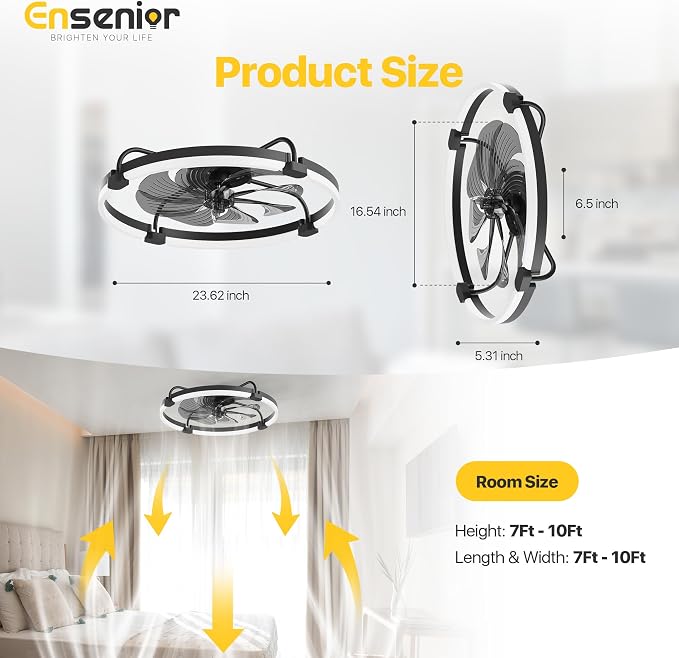 Ensenior 24 Inch Flush Mount Ceiling Fans with Lights, APP Control, Black | Quiet Reversible Motor, Night Light Mode, 6 Speeds, 3CCT, Dimmable, Low Profile, Remote, Memory Function, Timer, Bedroom
