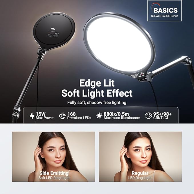 NEEWER Basics 10.5" Streaming Key Lighting, 3000-6500K 15W Full Screen LED Panel Ring Light with Adjustable Arm Stand Desk Clamp Timer for Laptop Computer Video Conference Zoom Makeup, R10
