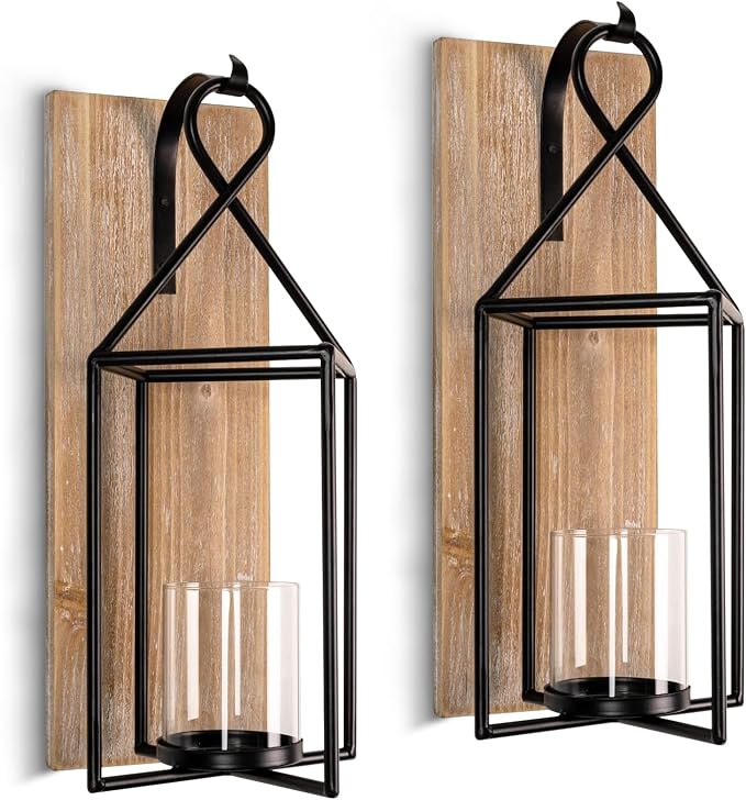 Homemory Wall Candle Sconces Set of 2, Rustic Wood Holders with Glass Decor | Wood and Glass Design Adds Rustic Farmhouse Style for Living Rooms, Bedrooms, Fireplaces and Wall Decor