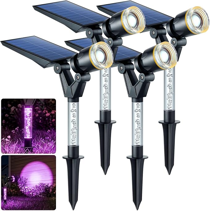 DenicMic Solar Halloween Lights Outdoor Waterproof Purple Lens LED 4 Pack | Adjustable Angel Solar Spot Lights Outdoor for Yard Garden Patio Wall Tree Landscape Spotlights, Acrylic Lighted Pole