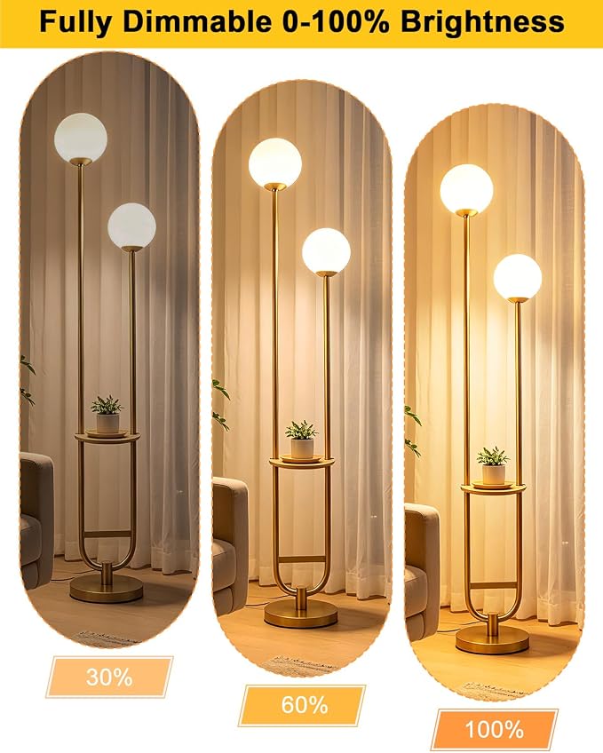 Lightdot 2 Globe Gold Floor Lamp with Table Mid Century Standing Lamps with 3000K LED Bulbs Unique U-Pole Vintage Tall Floor Lamp with 5Lbs Heavy Base for Living Room/Bedroom/Wedding/Party/Home Decor