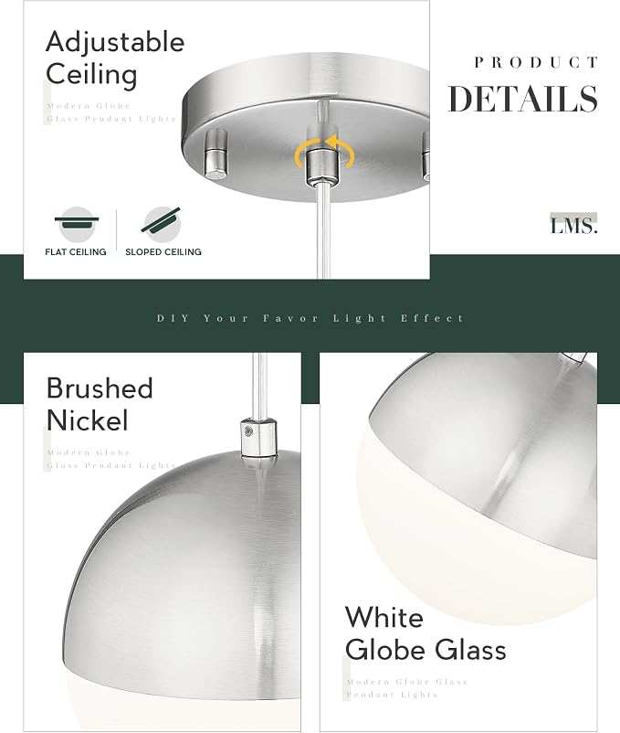 Mid Century Pendant Lights, Brushed Nickel Kitchen Island Light Fixtures with White Globe Glass Shade, Adjustable Hanging Cord, 2-Pack for Home Office Dining Room Bathroom, LMS-186PL-BNWS2PK