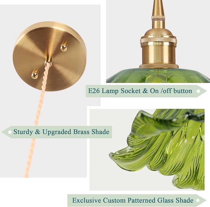 Battery Operated Pendant Light,Green Chandelier 2500mAh RGB Light Bulb 11in Vintage Light Fixtures with Remote Control Wireless Adjustable Rechargeable Chandelier for Kitchen Island Hallway 2pack