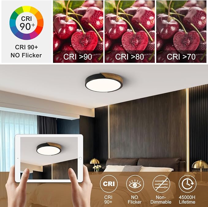Modern LED Ceiling Light, Brown Walnut Wood Flush Mount Ceiling Light Fixture, 4000K Not Dimmable, Minimalist Circle Lighting Lamp with Acrylic Lampshade for Bedroom Laundry Room Hallway 11.8"