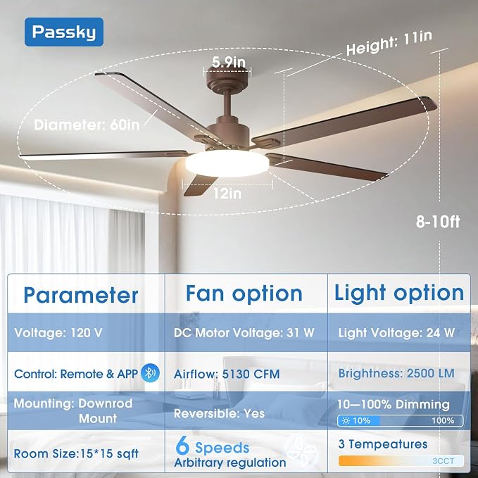 Passky 60 Inch Brown Sleek Ceiling Fans with Lights, Remote Control | 3-color dimmable light, quiet reversible DC motor, easy install, memory, Timer, APP, bedroom, covered outdoor areas