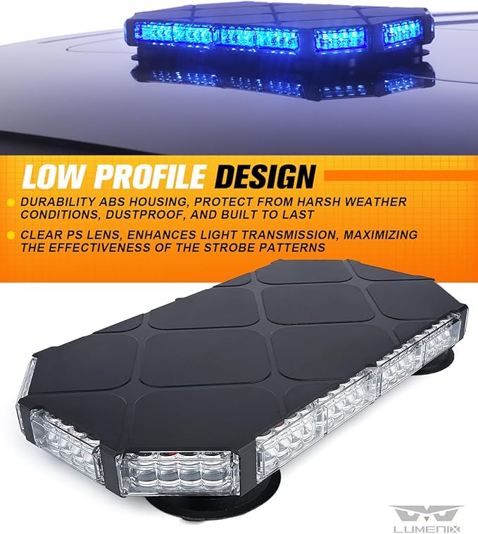LUMENIX 56 LED Roof Top Strobe Beacon Lights Bar Rooftop Hazard Warning Emergency Safety Flashing Blue Light for Volunteer Firefighters Police Law Enforcement Vehicles Trucks Patrol Cars