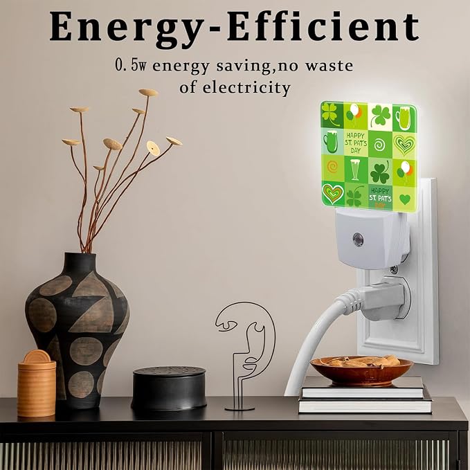 Happy St. Patrick's Day Night Light for Kids,Clover and Green Beer Night Light Plug in with Dusk to Dawn Sensor, 0.5w Energy Saving Sleep Friendly Nightlight for Hallway Stairway Kitchen Bedroom