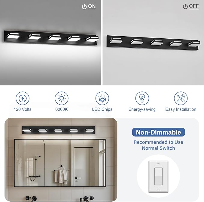 LED Modern Bathroom Light Fixtures, 5-Light 40-Inch Matte Black Vanity Lights for Bathroom Lighting Fixtures Over Mirror, 6000K Cool White 350° Rotatable Wall Lamp