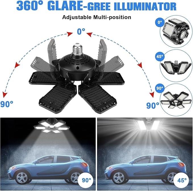 Aoretic LED Garage Lights 1 Pack -180W, 18000LM 6500K Led Shop Light with 6+1 Deformable Panels, Basement Barn Light Garage Ceiling Lights, E26/E27 for Garage, Warehouse, Shop