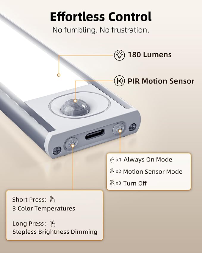 Under Cabinet Lights, Closet Lights Motion Sensored | 6-Pack, 1800mAh Rechargeable Battery, Wireless, Magnetic, Timer, 3 Color Temps, Kitchen, Closet
