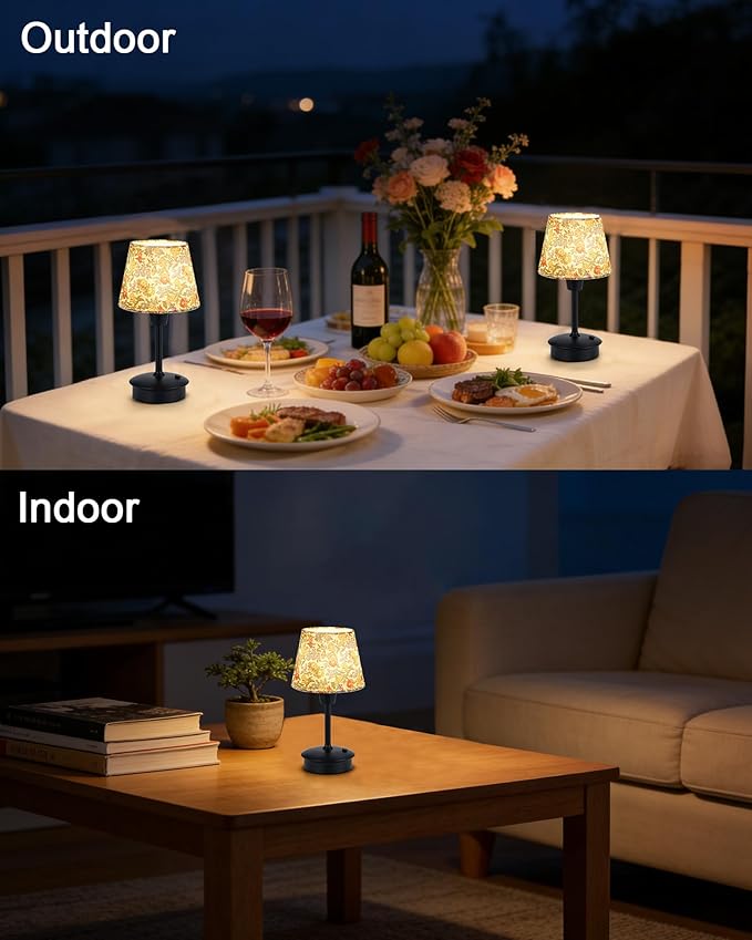 UMEXUS 9.8'' Small Cordless Table Lamp, 5200mAh Battery Operated Touch Lamp | Rechargeable Dimmable Warm Light for Restaurant, Portable Night Light for Bedside Dining Bar Kitchen Outdoor, Floral Pattern
