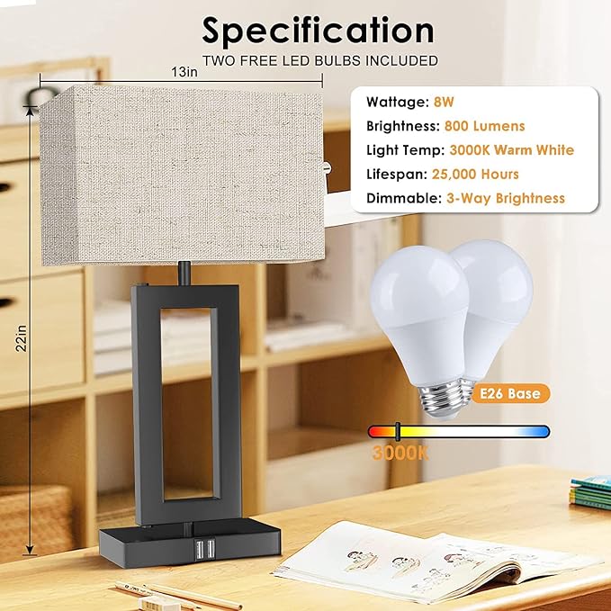 MoMyofdy Tall Table Lamps for Living Room Set of 2, Modern Bedside Lamps w. 2 USB Ports, 3-Way Dimmable Touch Control Nightstand Lamp Set w. Fabric Cream Shade for Bedroom End Table, 22 in